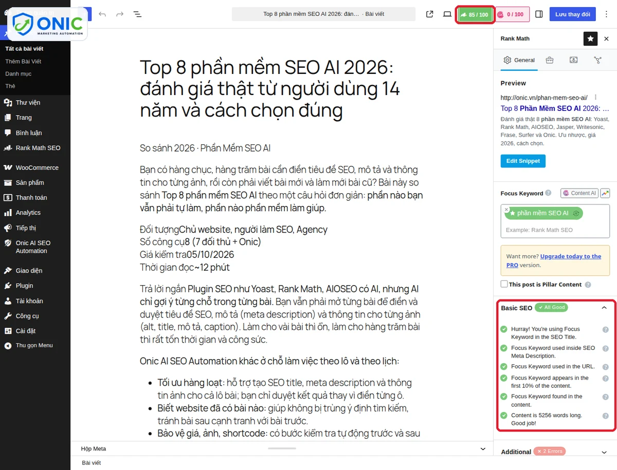 Điểm Rank Math của bài Điểm Rank Math 85/100 và nhóm Basic SEO đạt hết của bài phần mềm SEO AI