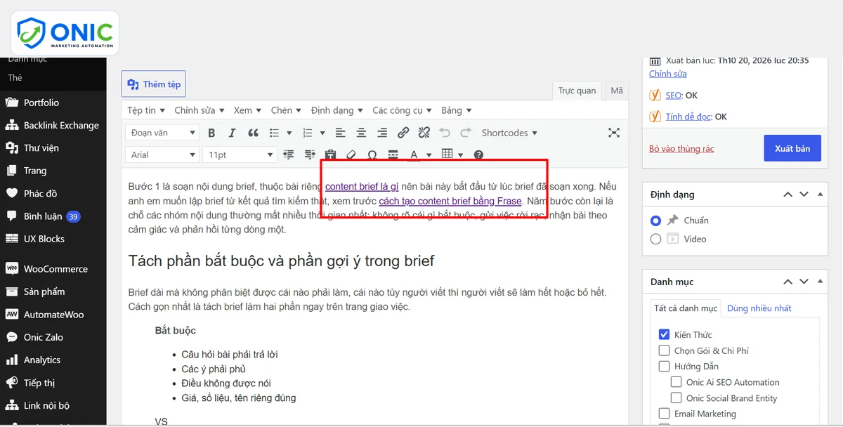 Kiểm liên kết trong bài Liên kết nội bộ trong đoạn văn của bản nháp