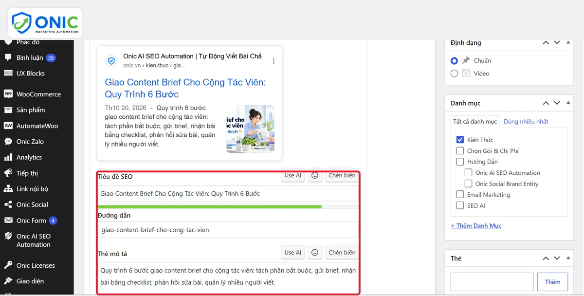 Kiểm tiêu đề SEO và mô tả Khung Yoast SEO với tiêu đề SEO, đường dẫn và mô tả đã điền sẵn