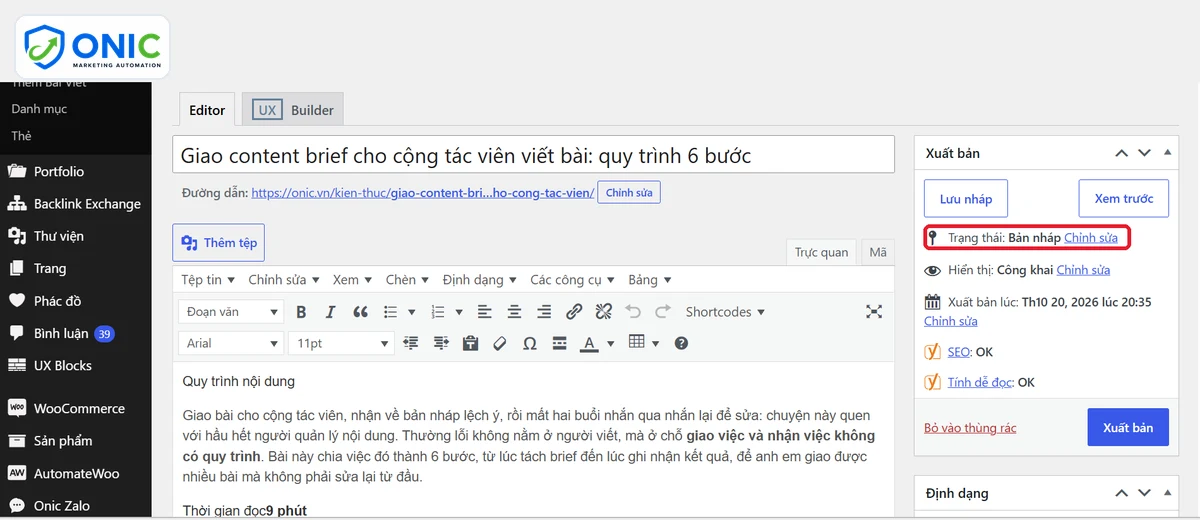 Mở bản nháp Bản nháp mở trong trình soạn thảo WordPress với trạng thái Bản nháp
