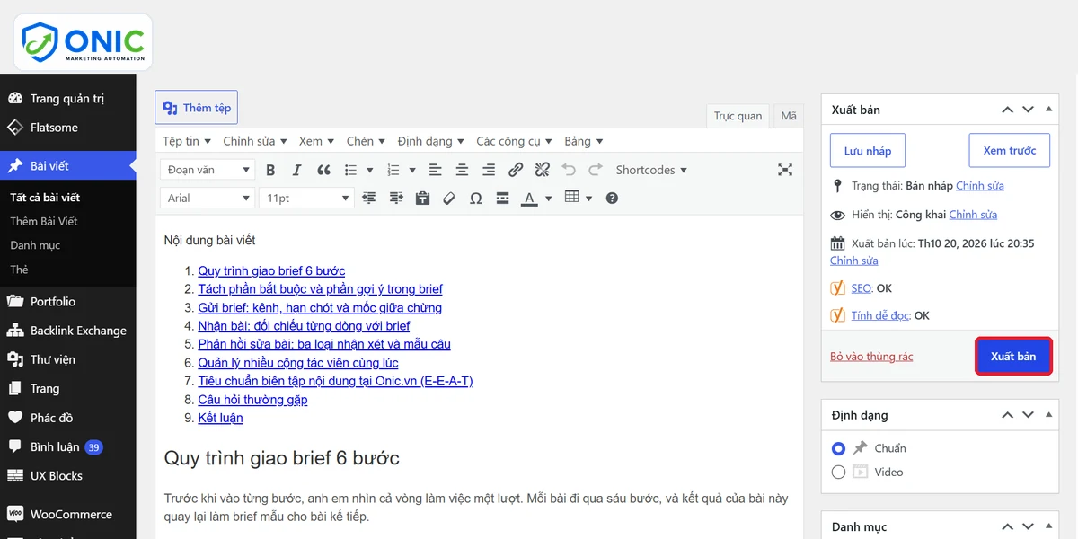 Bấm Xuất bản Nút Xuất bản trong khung Xuất bản của WordPress