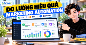 Dashboard đo lường hiệu quả marketing automation hiển thị KPI, ROI, doanh thu theo kịch bản và nguồn chuyển đổi