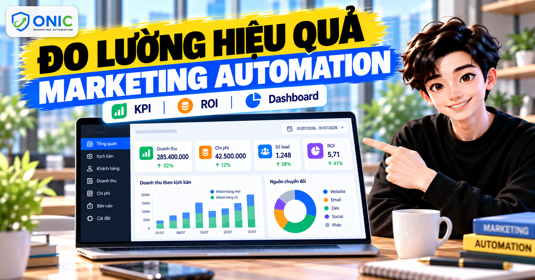 Dashboard đo lường hiệu quả marketing automation Dashboard đo lường hiệu quả marketing automation hiển thị KPI, ROI, doanh thu theo kịch bản và nguồn chuyển đổi