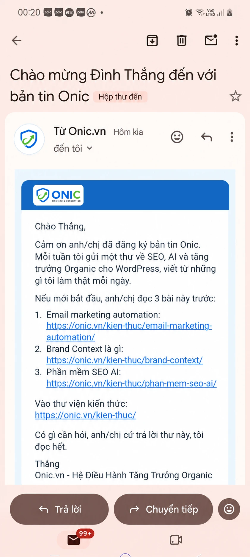 Email chào mừng của Onic Email chào mừng bản tin Onic mở trên điện thoại