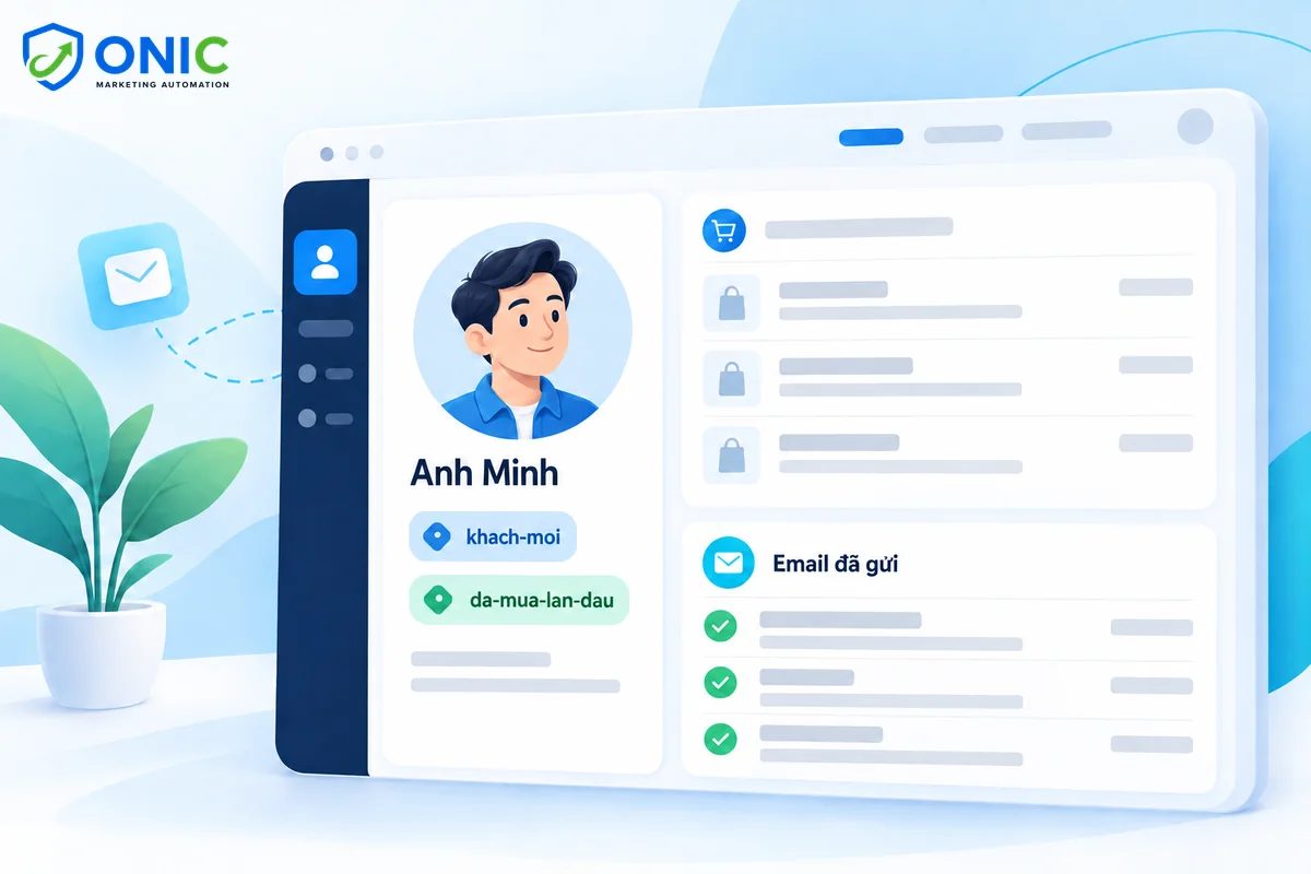 Hồ sơ khách hàng FluentCRM Hồ sơ khách trong FluentCRM gồm tag, lịch sử đơn và email đã nhận