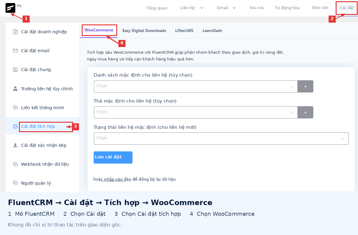 Kết nối FluentCRM với WooCommerce Bật đồng bộ khách WooCommerce trong phần tích hợp của FluentCRM
