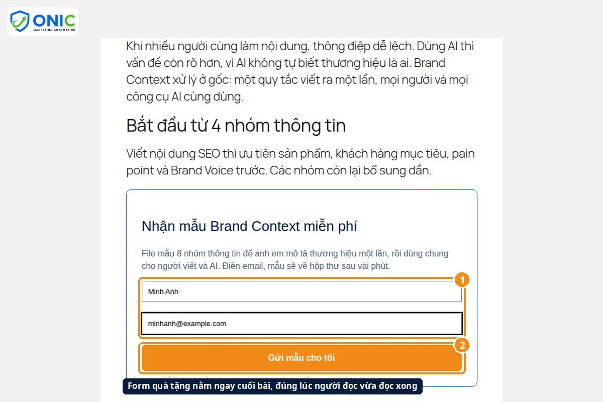 Form quà tặng trên website Form nhận mẫu Brand Context hiển thị cuối bài viết trên website