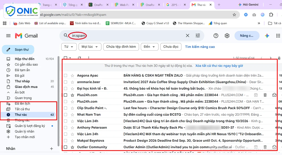 Thư mục Spam trong Gmail Thư mục Spam trong Gmail với các email bị lọc vào spam