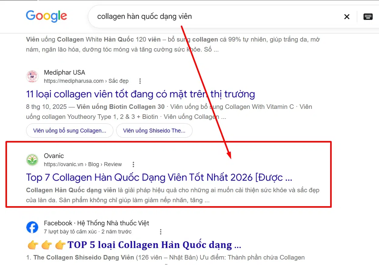 Title Ovanic được đánh dấu Title Top 7 Collagen Hàn Quốc Dạng Viên Tốt Nhất 2026 của Ovanic được đánh dấu trên Google