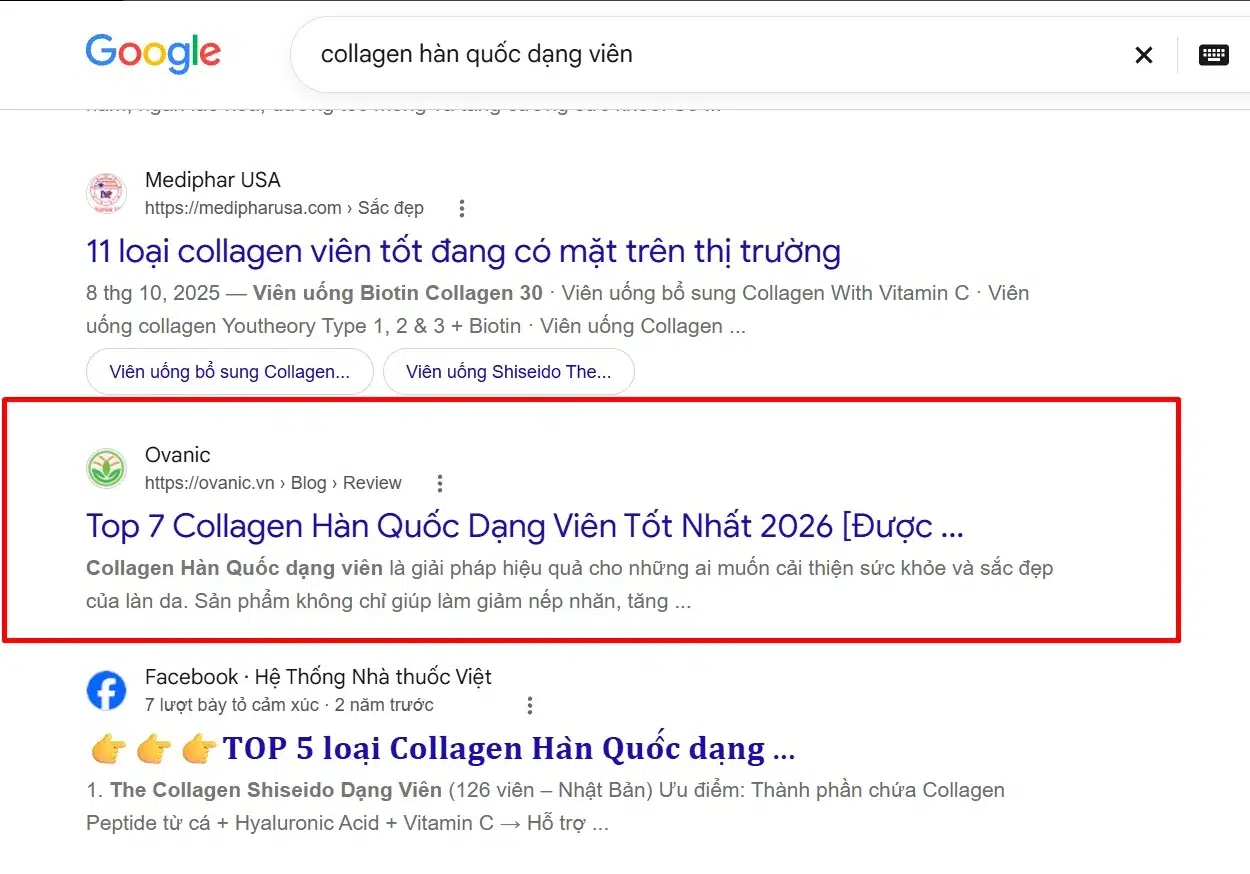 Title Ovanic có số và năm Title Top 7 Collagen Hàn Quốc Dạng Viên Tốt Nhất 2026 của Ovanic trên Google