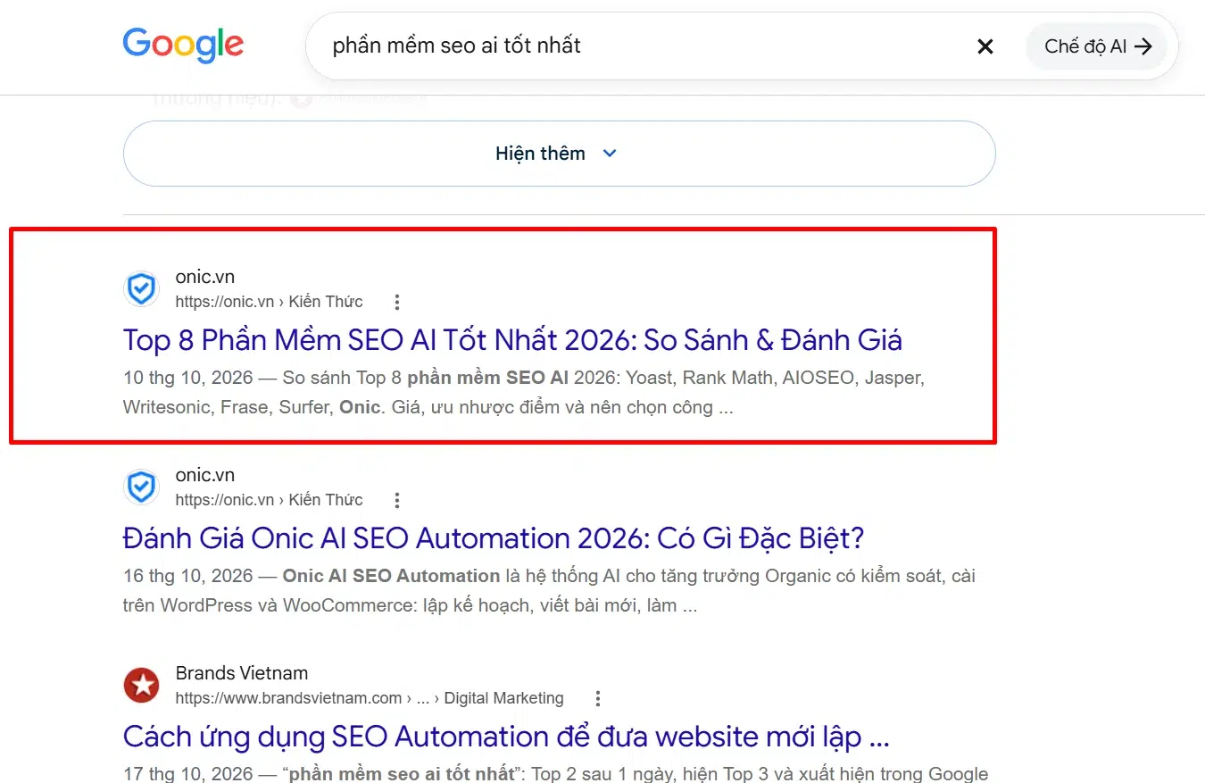 Title phần mềm SEO AI Title Top 8 Phần Mềm SEO AI Tốt Nhất 2026 của Onic.vn hiển thị đầy đủ trên Google