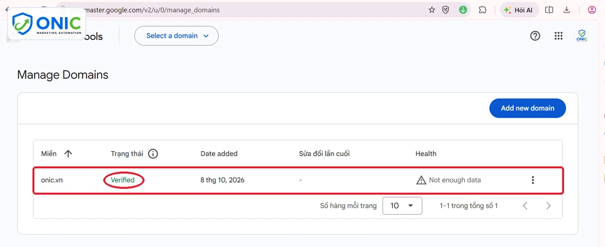Tên miền đã xác minh trong Postmaster Tên miền onic.vn đã xác minh trong Google Postmaster Tools