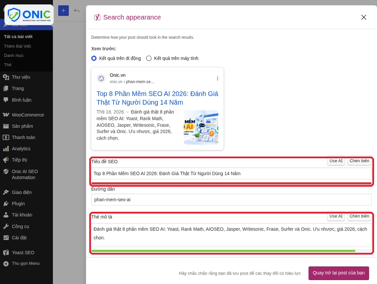 Tiêu đề và mô tả trong Yoast Hộp Search appearance của Yoast với tiêu đề SEO và mô tả đã điền cho bài phần mềm SEO AI
