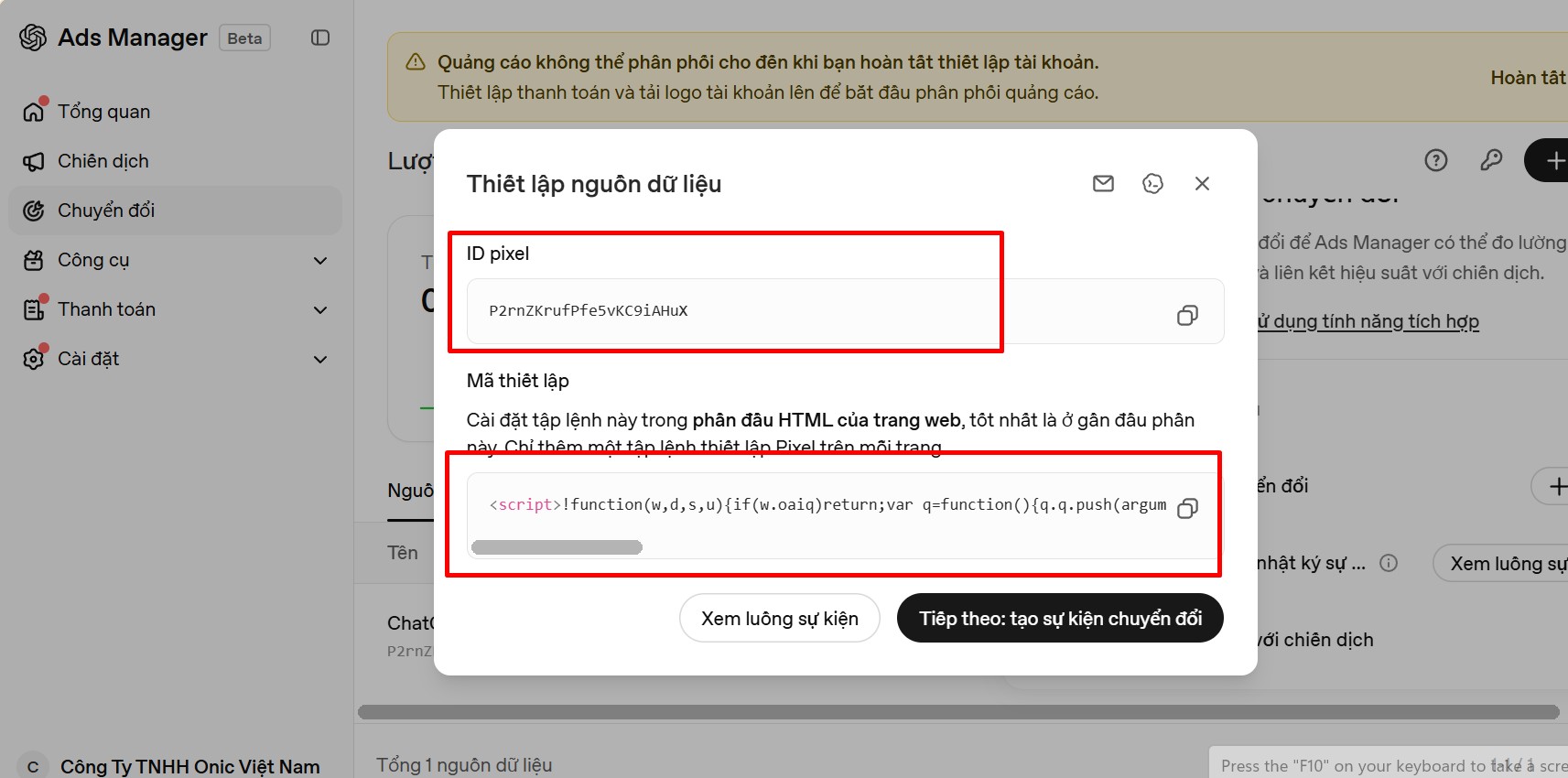 ID pixel và mã thiết lập trên quảng cáo ChatGPT ID pixel và mã thiết lập Pixel ChatGPT Ads trong Ads Manager của Onic