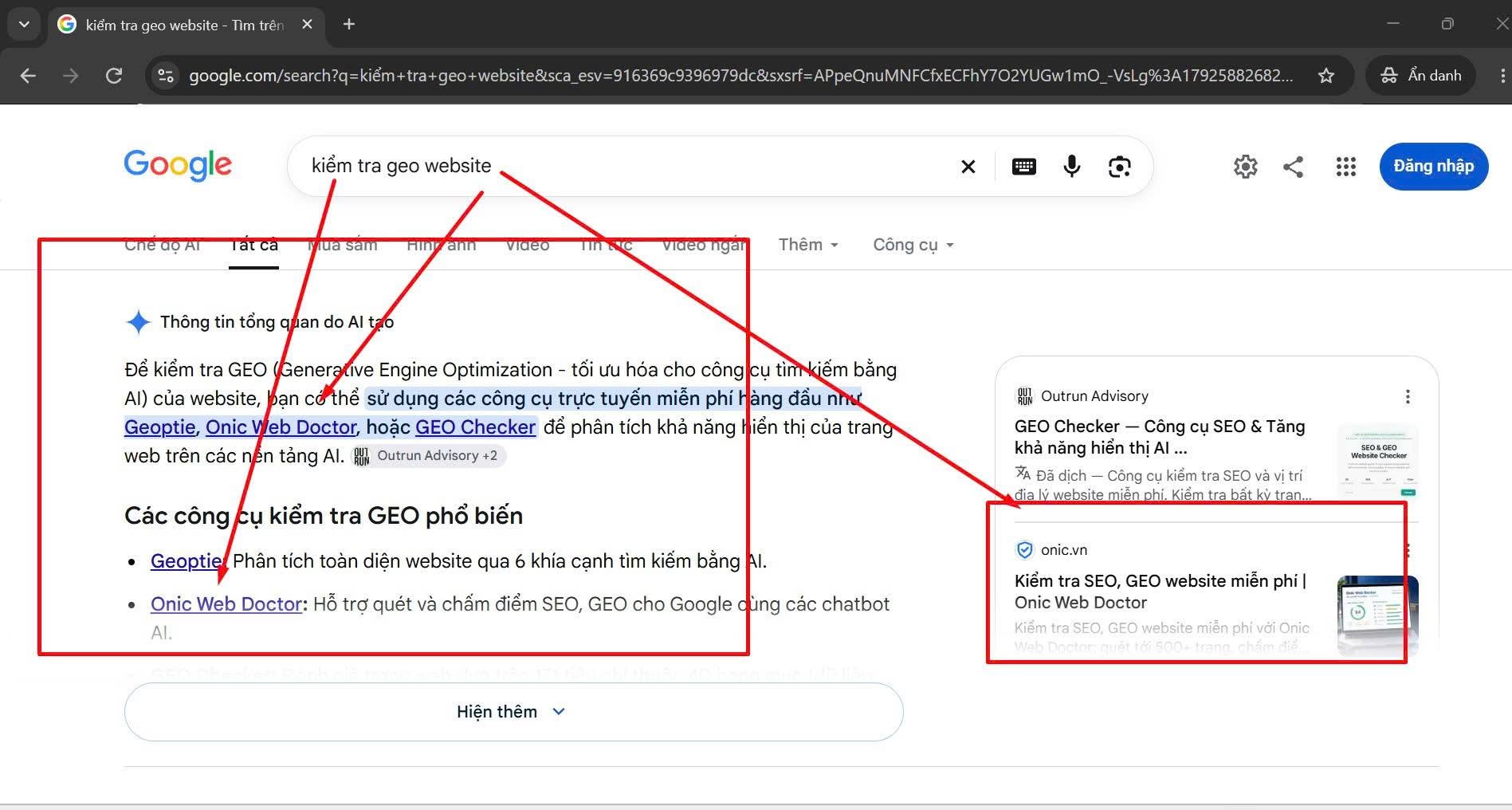 Kiểm tra GEO website Kiểm tra GEO website: 4 link được Google AI đề xuất