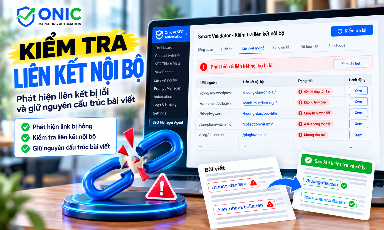 Kiểm tra liên kết nội bộ bị lỗi – Smart Validator Smart Validator phát hiện liên kết nội bộ bị lỗi 404 và giữ nguyên cấu trúc bài viết