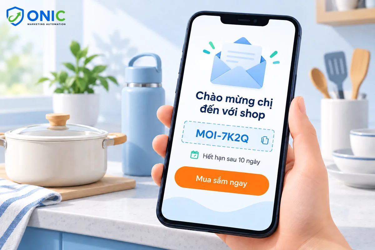 Email chào mừng kèm mã riêng Email chào mừng gửi mã giảm giá riêng cho khách mới của shop gia dụng