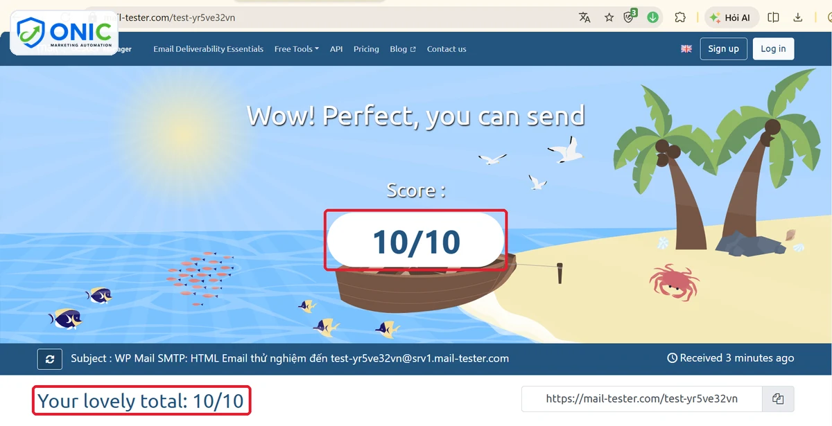 Điểm mail-tester 10/10 Kết quả mail-tester chấm 10/10 cho email gửi từ onic.vn