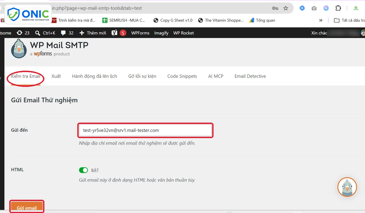 Gửi email thử tới mail-tester Gửi email thử từ WP Mail SMTP tới địa chỉ kiểm tra của mail-tester