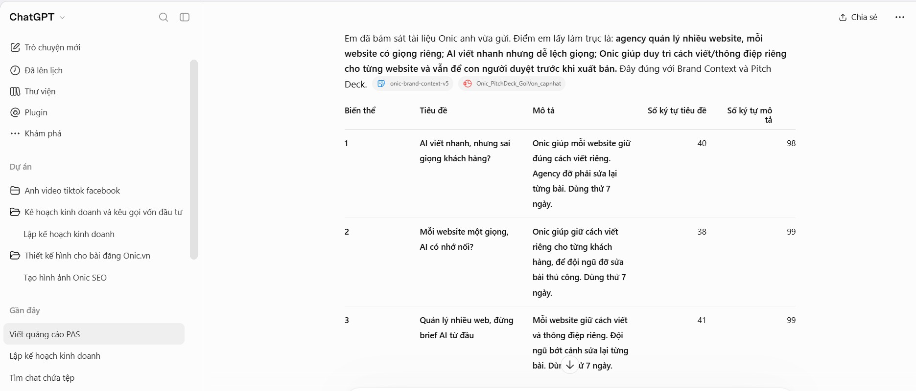 Mẫu quảng cáo ChatGPT đề xuất cho Onic Bảng 3 mẫu quảng cáo ChatGPT đề xuất cho Onic sau khi nhận prompt PAS