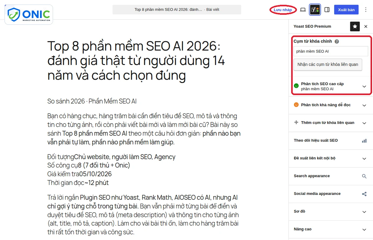 Bản nháp Onic viết trong WordPress Bài Onic viết ở bản nháp WordPress với hộp Yoast SEO đã điền từ khóa chính