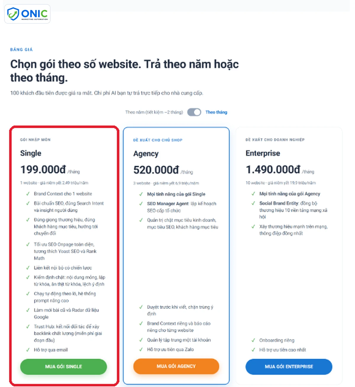 Bảng giá license Onic theo số website Bảng giá license Onic AI SEO Automation với ba gói Single, Agency và Enterprise