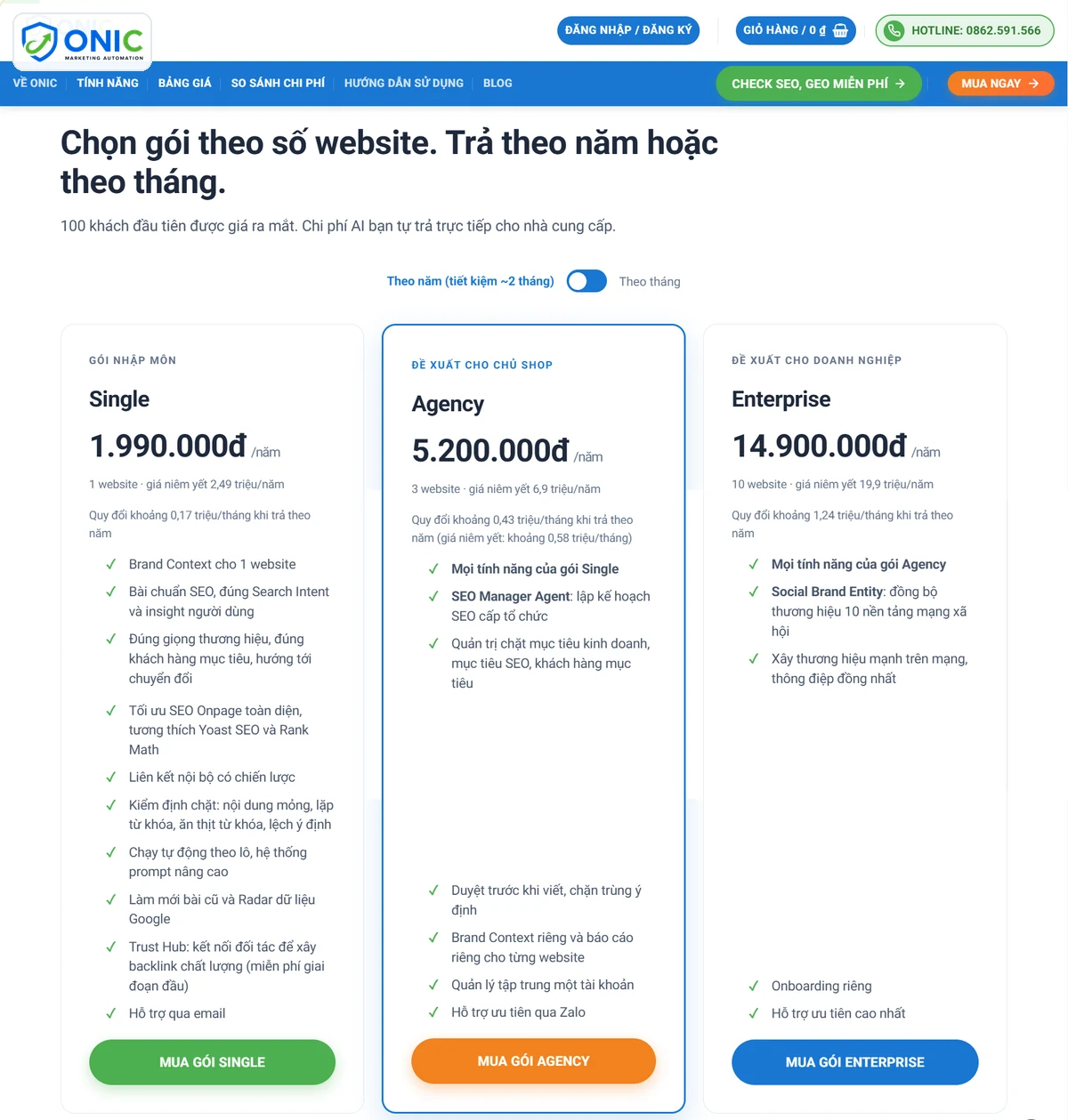 Bảng giá Onic theo website Bảng giá Onic ba gói Single, Agency và Enterprise theo số website