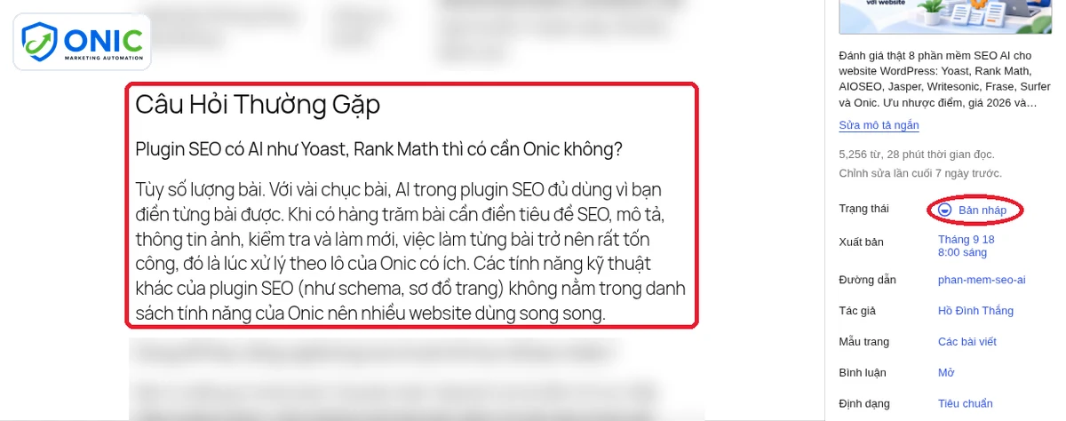 FAQ trong bản nháp Onic viết Phần câu hỏi thường gặp trong bài Onic viết ở bản nháp WordPress