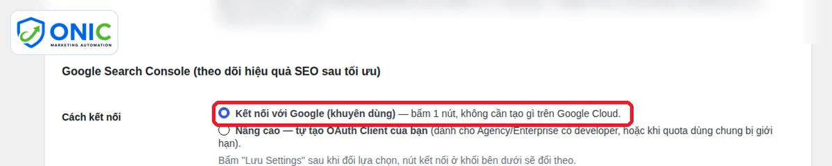 Kết nối Search Console một nút Phần cài đặt kết nối Google Search Console bằng một nút trong Onic