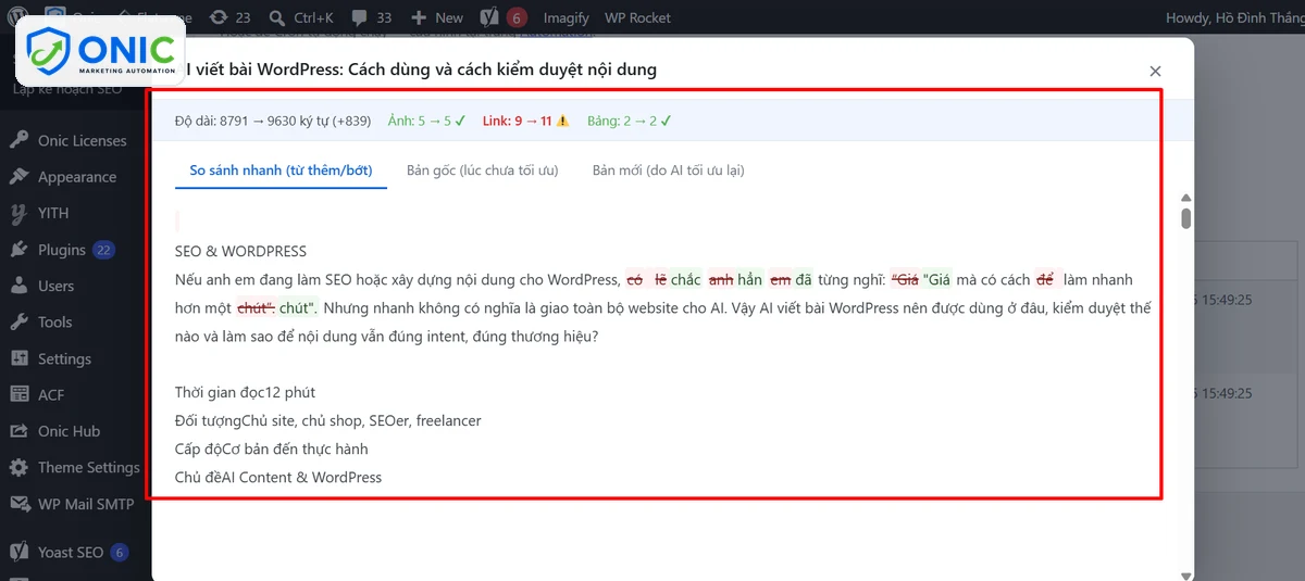 So sánh bài trước và sau làm mới Màn hình so sánh bài trước và sau khi Onic làm mới, có số ảnh, link, bảng trước và sau