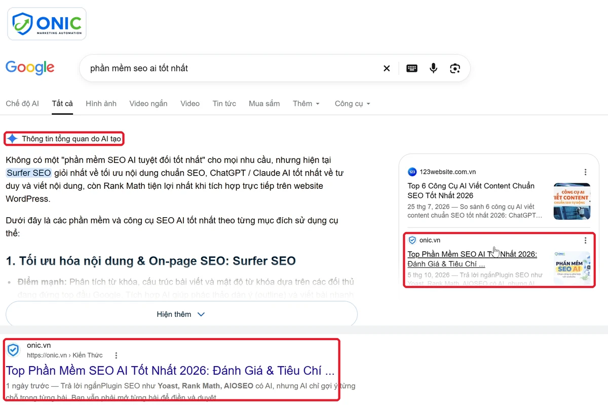Onic.vn trong AI Overview Kết quả Google phần mềm seo ai tốt nhất có Onic.vn trong AI Overview