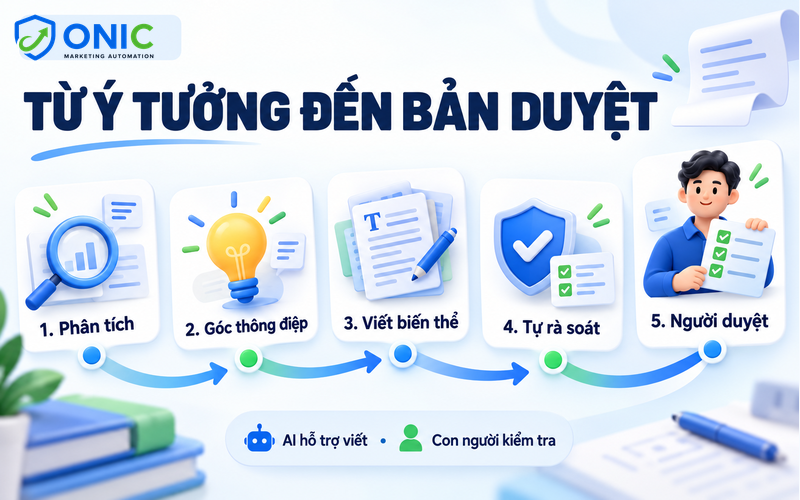 Quy trình viết quảng cáo bằng AI Quy trình viết quảng cáo bằng AI có bước người duyệt