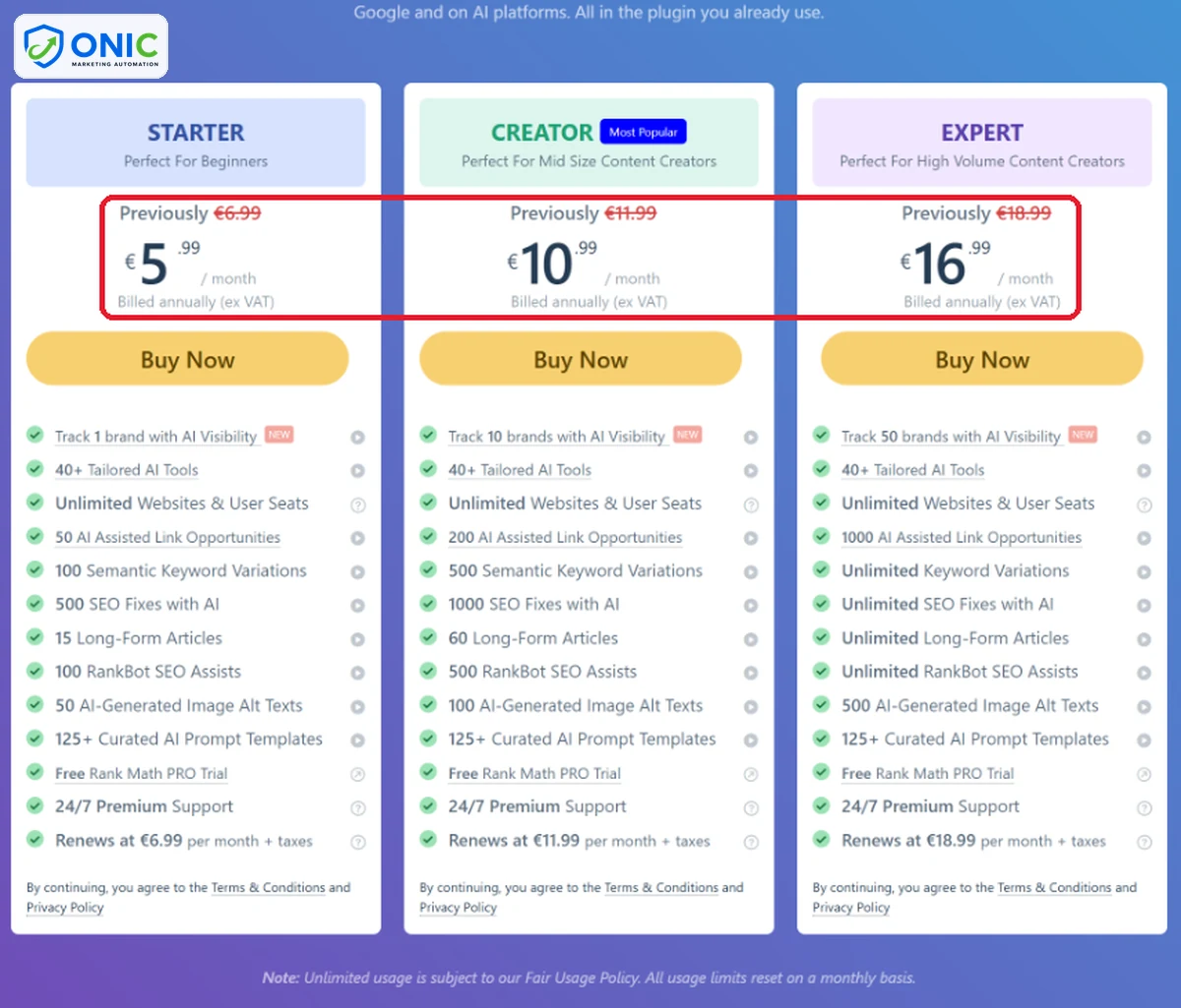 Bảng giá Rank Math AI ba gói Trang giá Rank Math AI với ba gói Starter, Creator và Expert