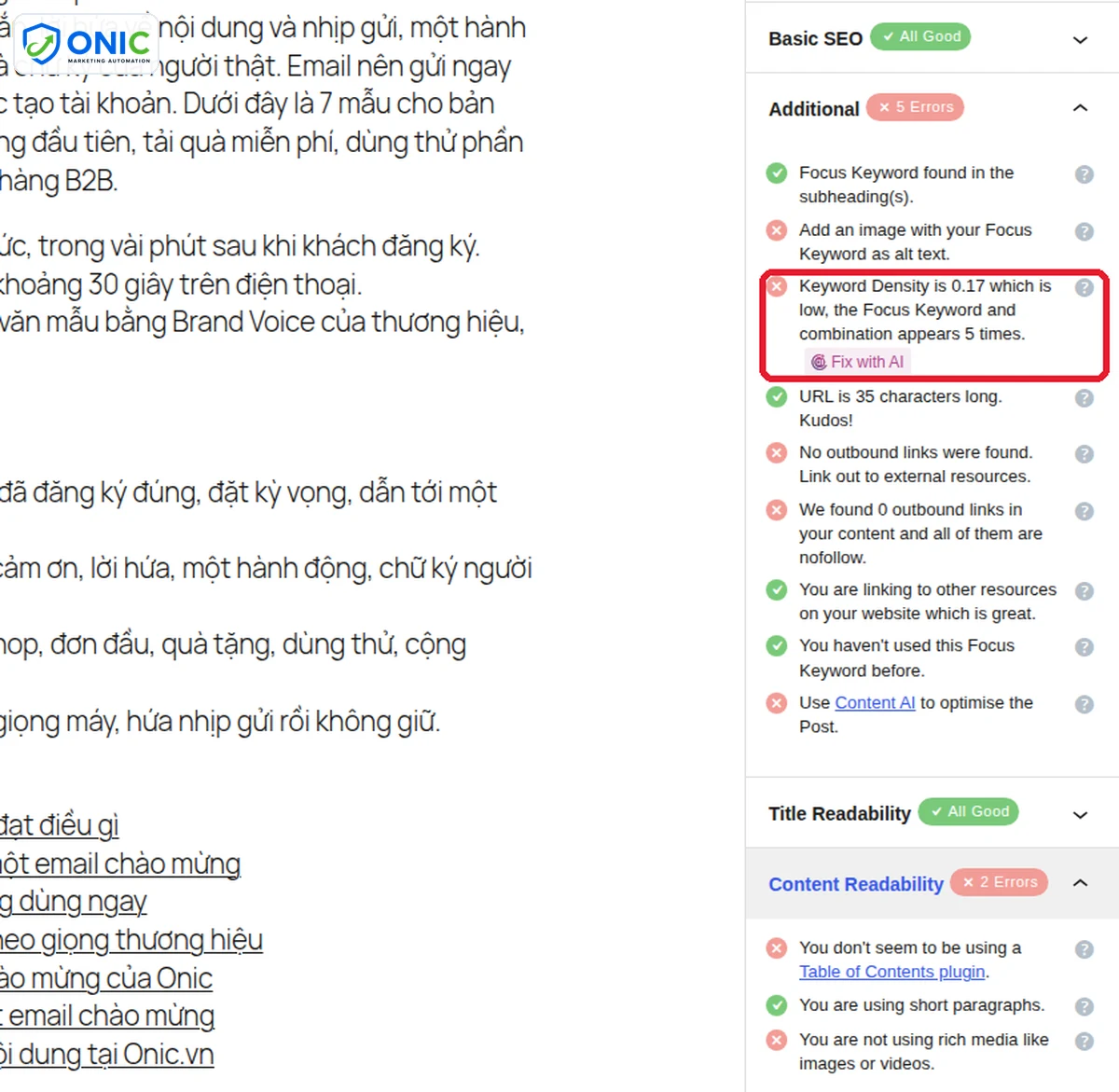 Cảnh báo Additional và Readability Nhóm Additional và Content Readability của Rank Math với các cảnh báo cần sửa