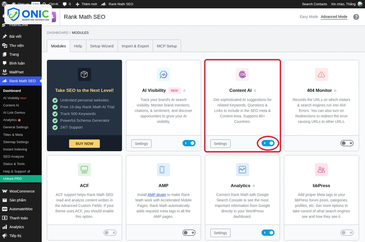 Bật module Content AI Bật module Content AI trong Rank Math SEO, Dashboard, Modules