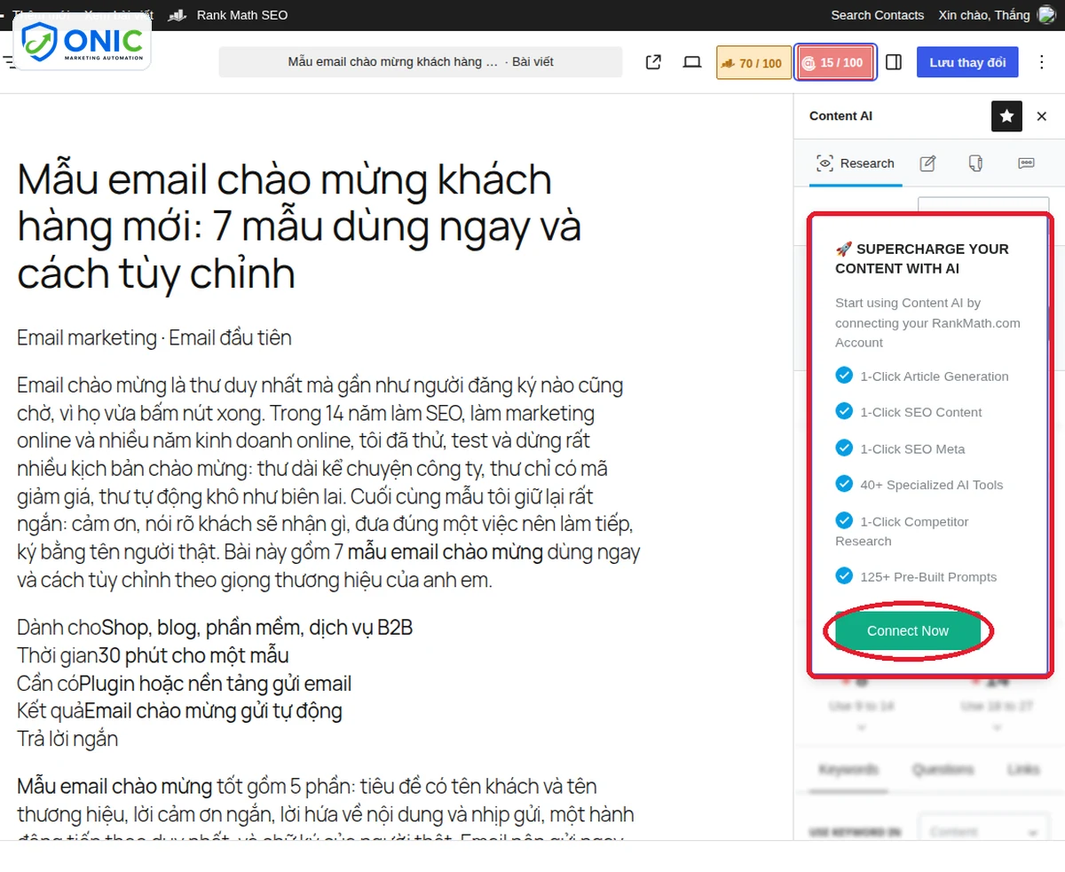 Content AI cần kết nối tài khoản Khung Content AI của Rank Math yêu cầu kết nối tài khoản RankMath.com