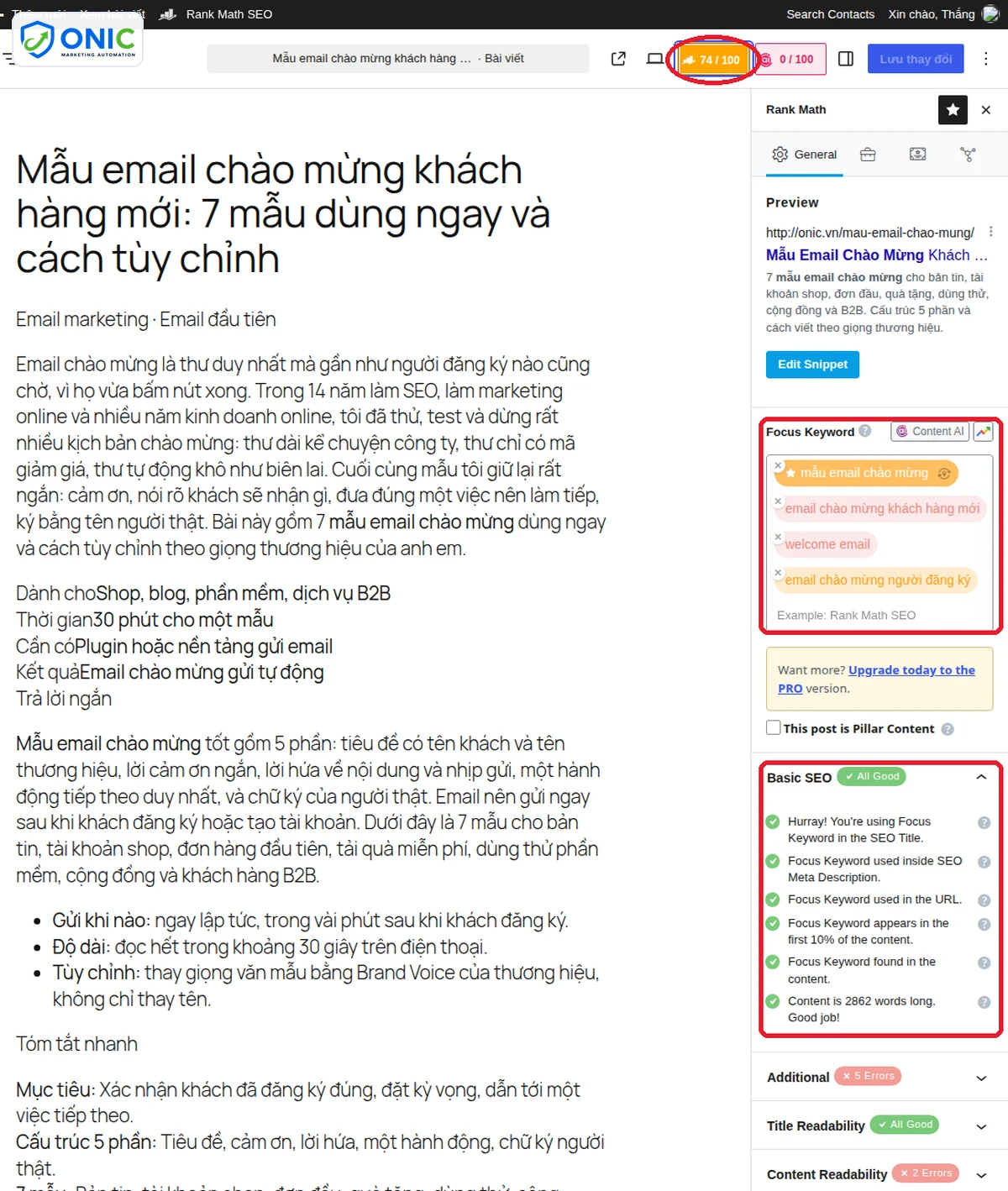 Điểm SEO Rank Math Điểm SEO 74/100 và danh sách kiểm tra Basic SEO của Rank Math trên một bài