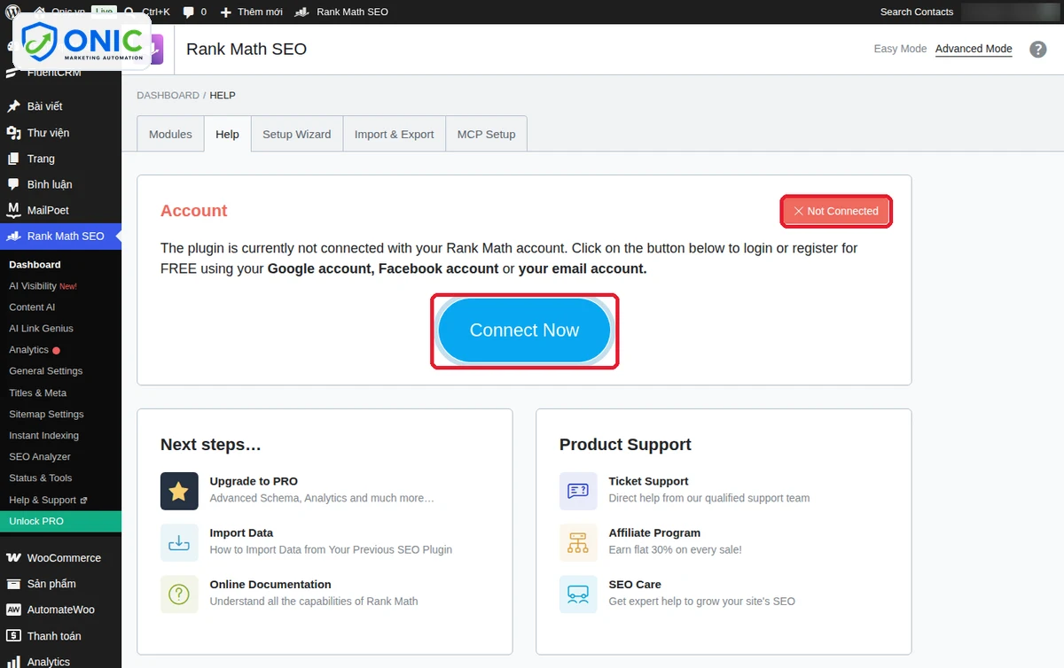 Tab Help Rank Math: Connect Now Tab Help của Rank Math báo Not Connected với nút Connect Now