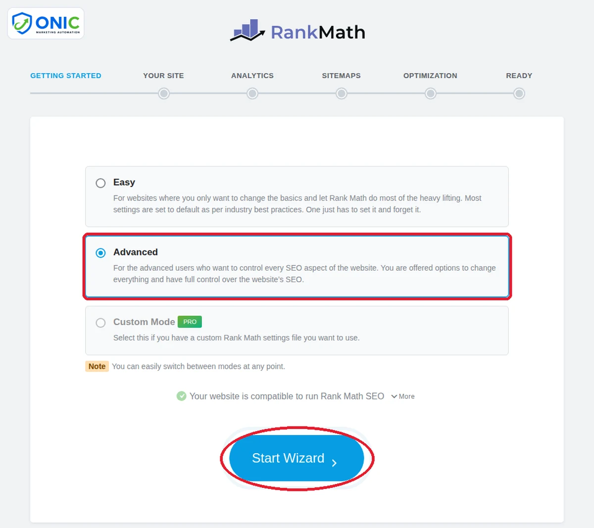 Trình thiết lập Rank Math Trình thiết lập Rank Math, bước chọn chế độ Easy hoặc Advanced