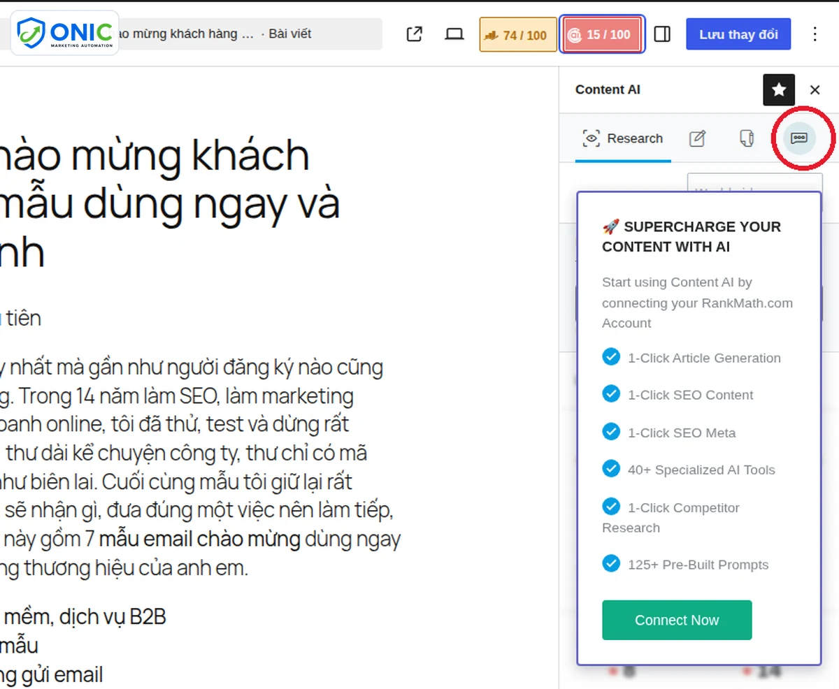 Biểu tượng Chat mở RankBot Hộp Content AI trong trình soạn bài với biểu tượng Chat để mở RankBot