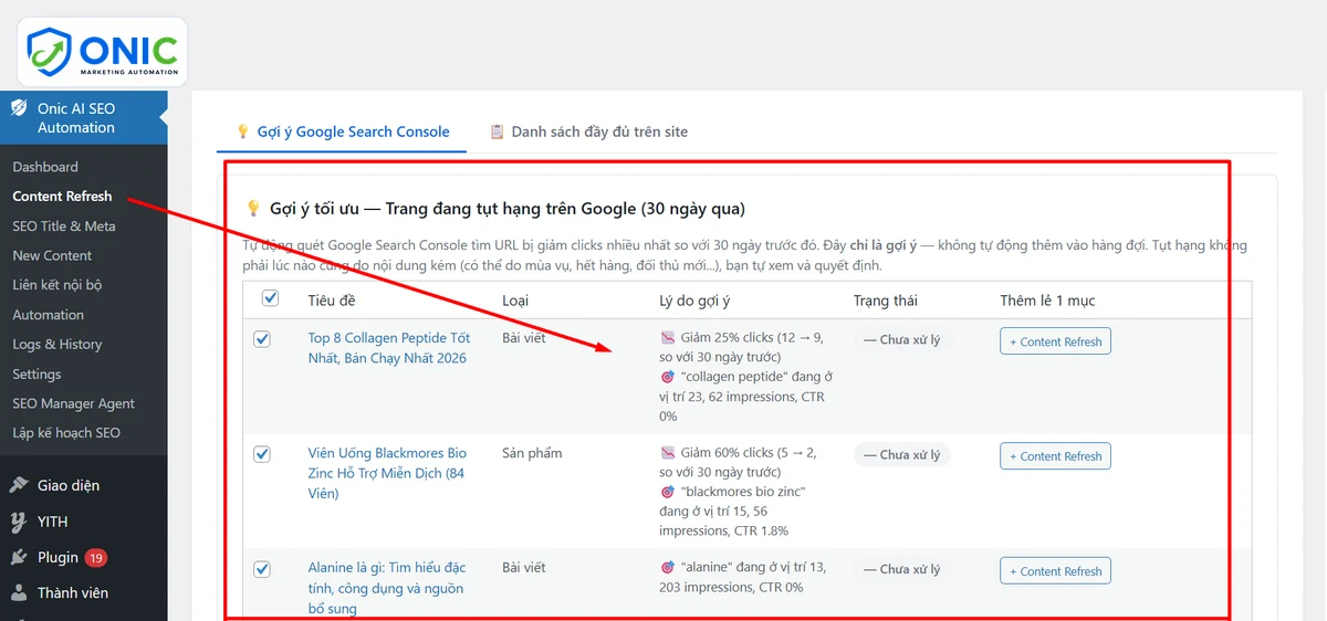 Gợi ý tối ưu Content Refresh Khối Gợi ý tối ưu trong Content Refresh liệt kê trang tụt hạng kèm lý do