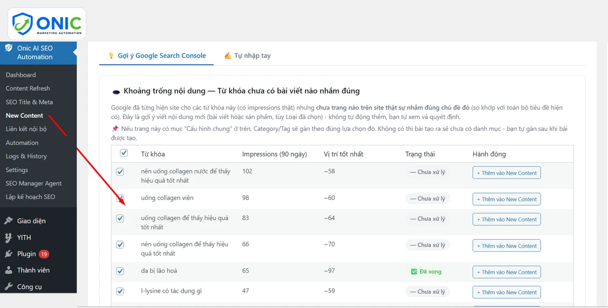 Khoảng trống nội dung Khối Khoảng trống nội dung trong New Content liệt kê từ khóa chưa có bài