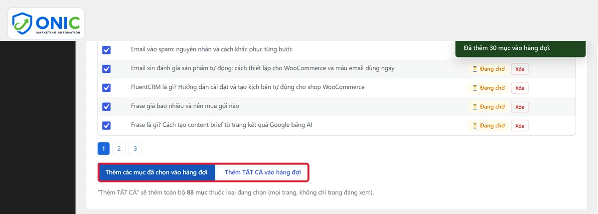 Thêm trang vào hàng đợi Thông báo đã thêm các trang vào hàng đợi Content Refresh