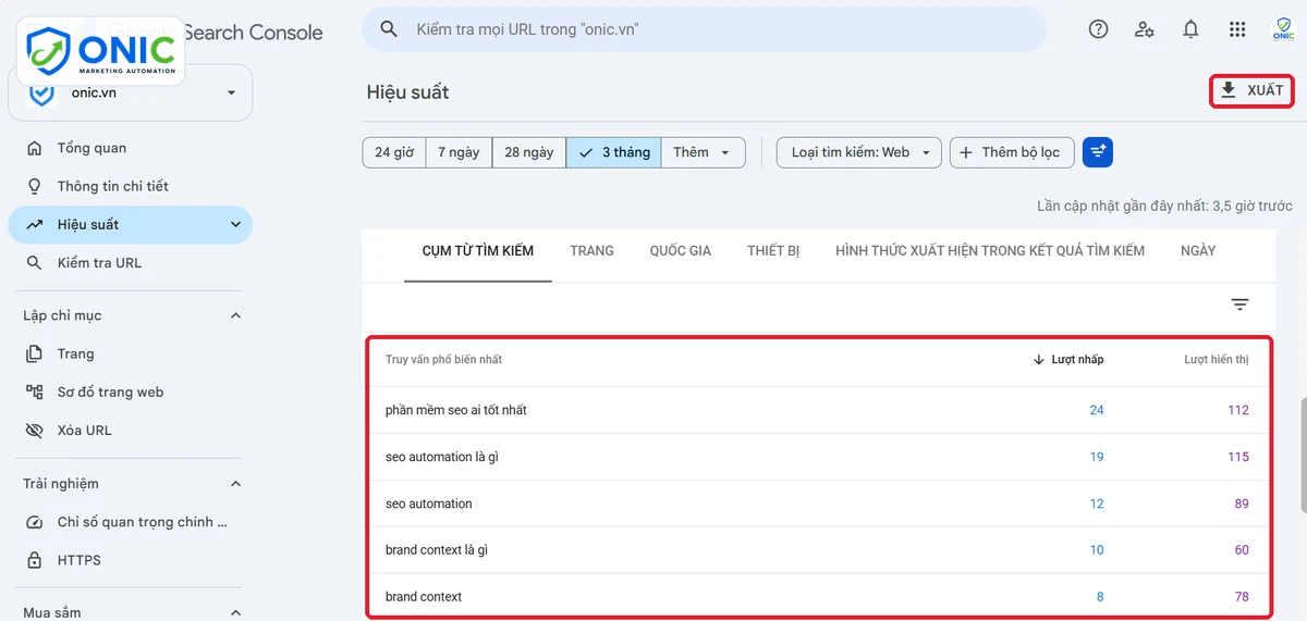 Xuất truy vấn từ Search Console Tab Cụm từ tìm kiếm trong Search Console của onic.vn và nút Xuất