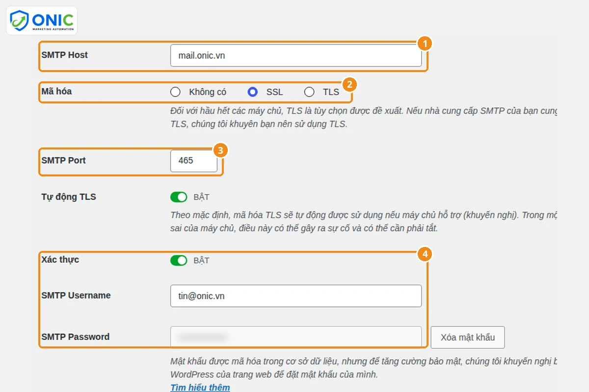 Cài máy chủ SMTP cho WordPress Điền máy chủ SMTP, cổng, mã hóa và tài khoản đăng nhập trong WP Mail SMTP