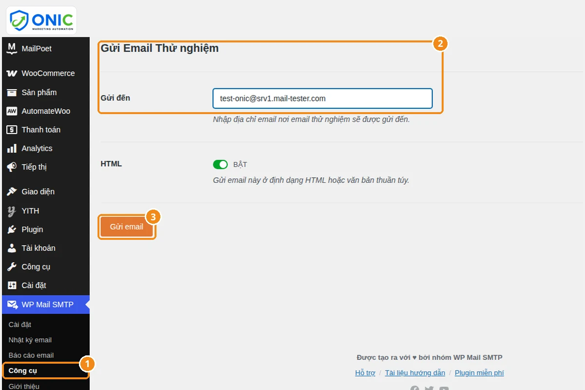 Gửi email thử sau khi cài bản ghi Gửi email thử nghiệm từ WP Mail SMTP tới địa chỉ kiểm tra mail-tester