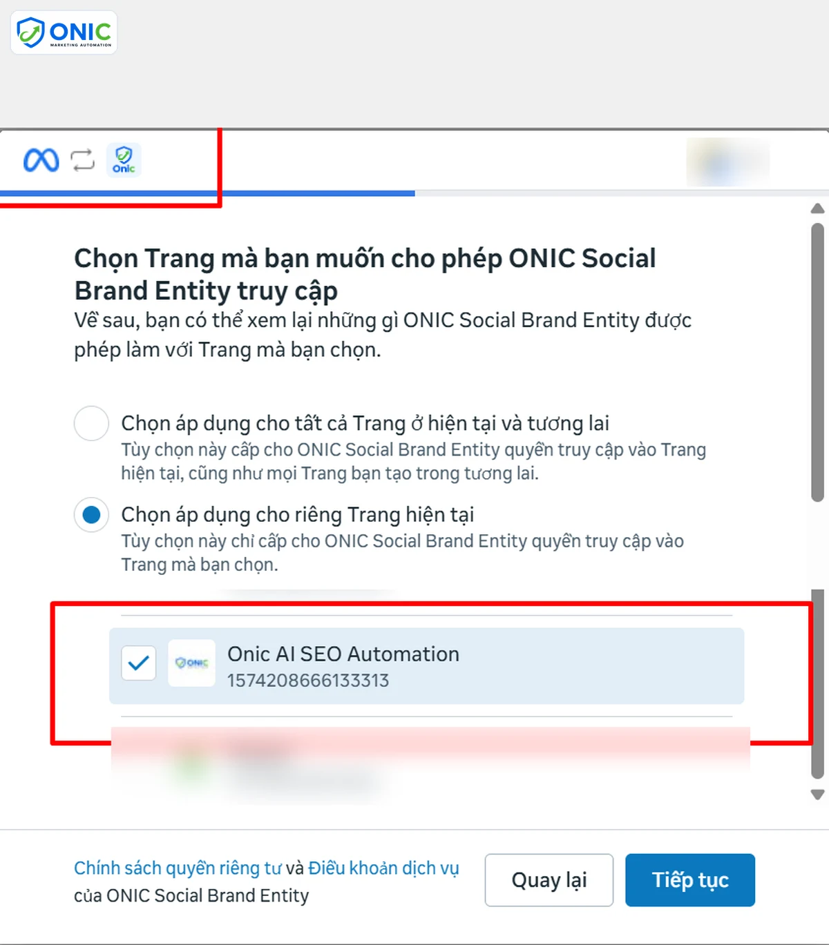 Cấp quyền Trang Facebook Cấp quyền cho ONIC Social Brand Entity truy cập Trang Facebook
