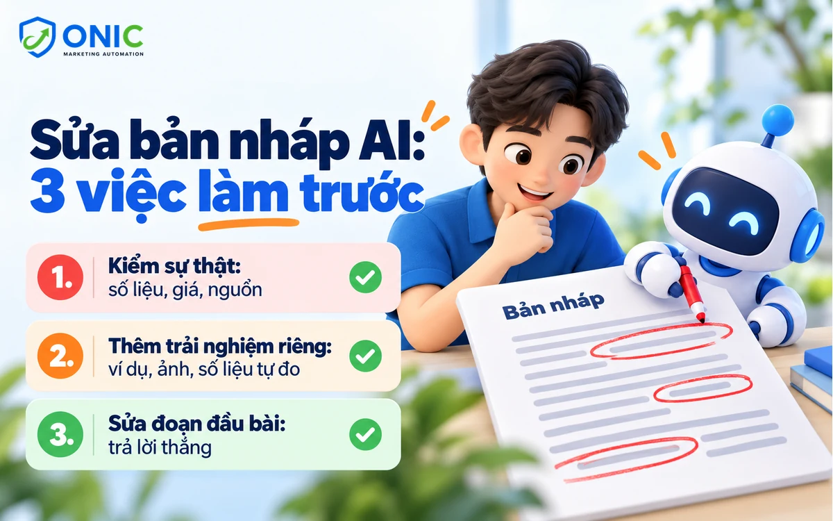 Sửa bản nháp AI Ba việc ưu tiên khi sửa bản nháp AI: kiểm sự thật, thêm trải nghiệm và sửa đoạn đầu