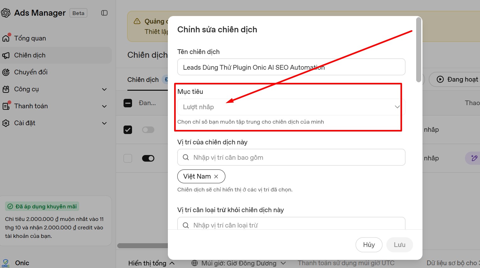 Tạo chiến dịch quảng cáo ChatGPT Ads và mục tiêu chiến dịch Chọn mục tiêu Lượt nhấp và vị trí Việt Nam cho chiến dịch ChatGPT Ads