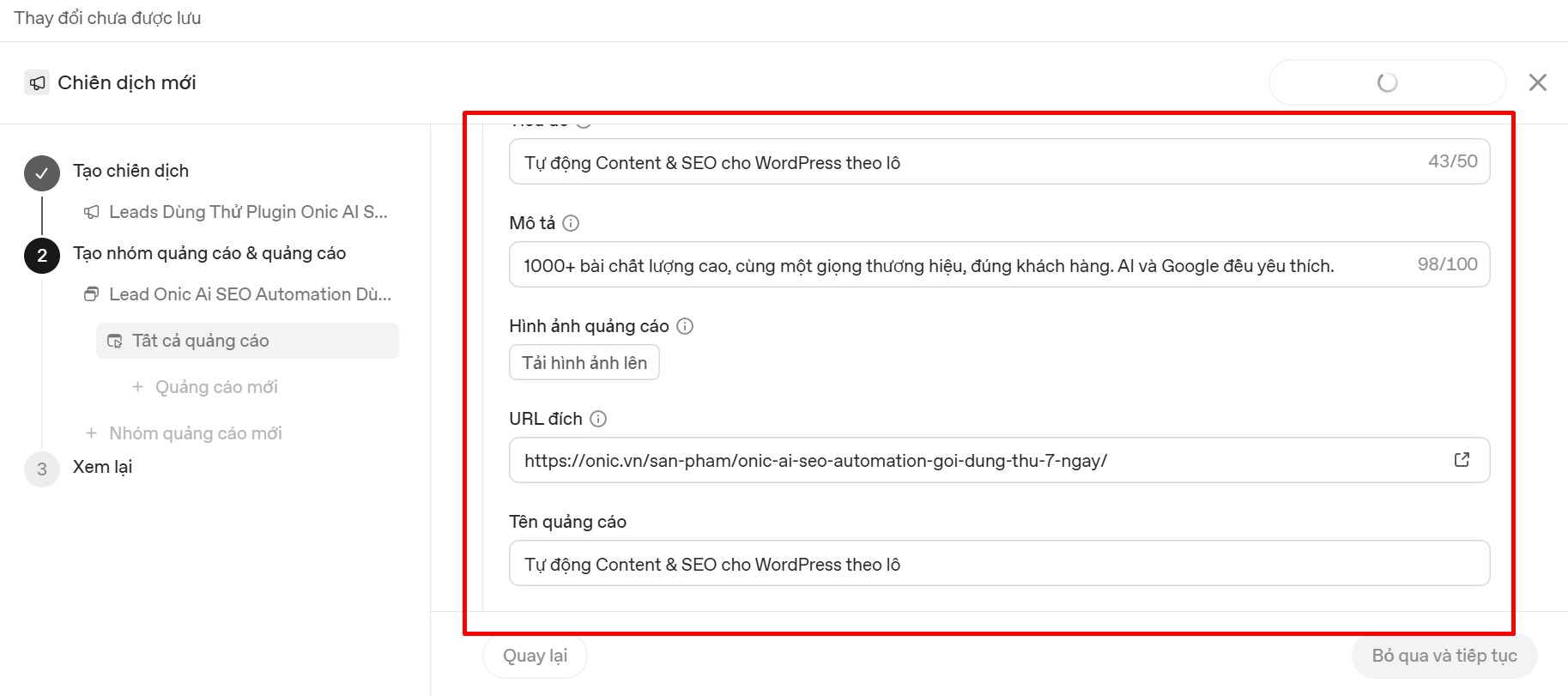Tạo mẫu quảng cáo ChatGPT Ads Tạo mẫu quảng cáo ChatGPT Ads với tiêu đề, mô tả, hình ảnh và URL đích của Onic